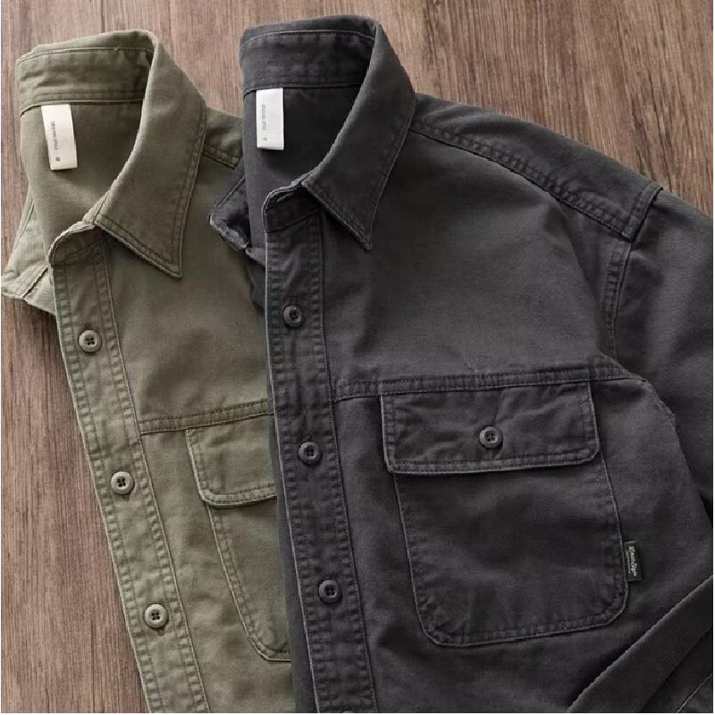 Trendy heavy-duty work shirt for men, thickened twill, loose fit, American retro style, spring and autumn, army green shirt jacket