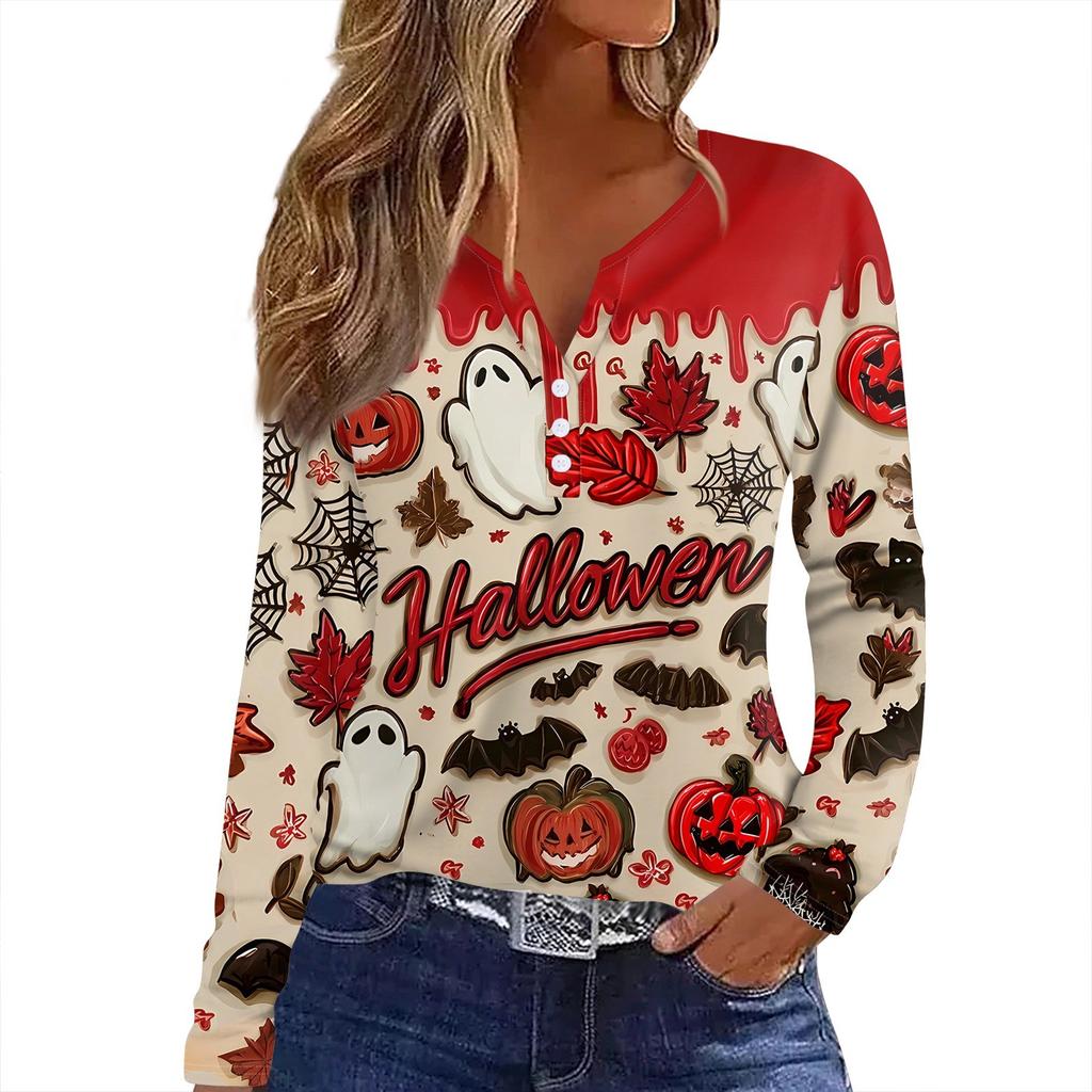 Dámské tričko s potiskem Halloweenu, knoflíky, dlouhý rukáv, denní, víkendová móda, základní, výstřih do V, běžný top