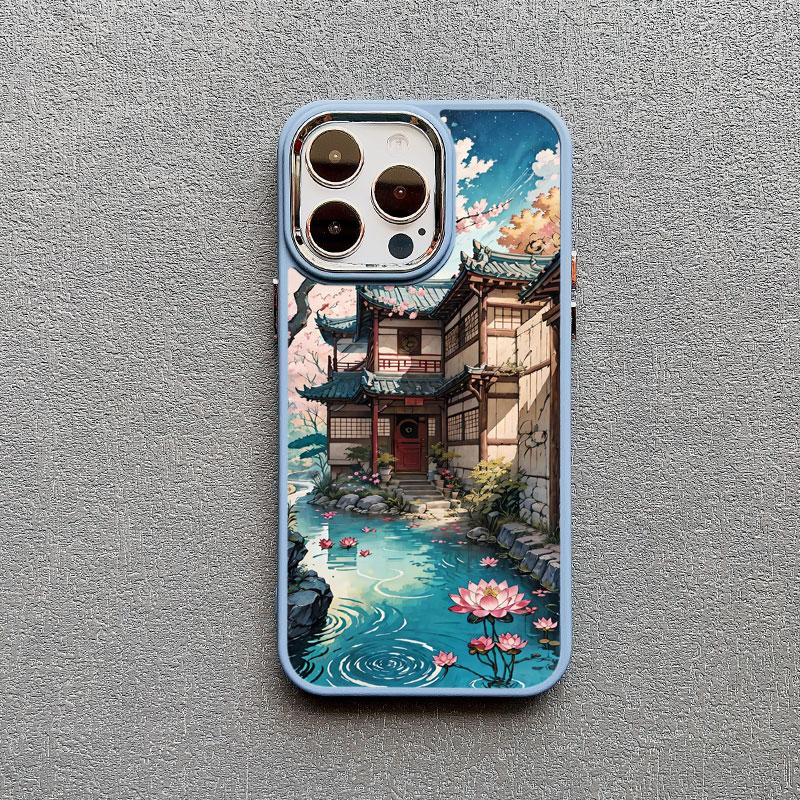 Vintage Oil Painting House Phone Case For iPhone 16 15 14 Pro Max 11 13 12 Pro MAX 7 8 Plus XR X Flower Courtyard Silicone Cover
