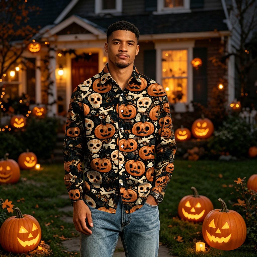 Men's Long Sleeve Button-Down Halloween Print Shirt for Casual Party Wear