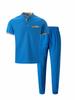 Men's Summer Waffle Stand Collar Two-Piece Set: Color Block Short Sleeve Shirt & Long Pants