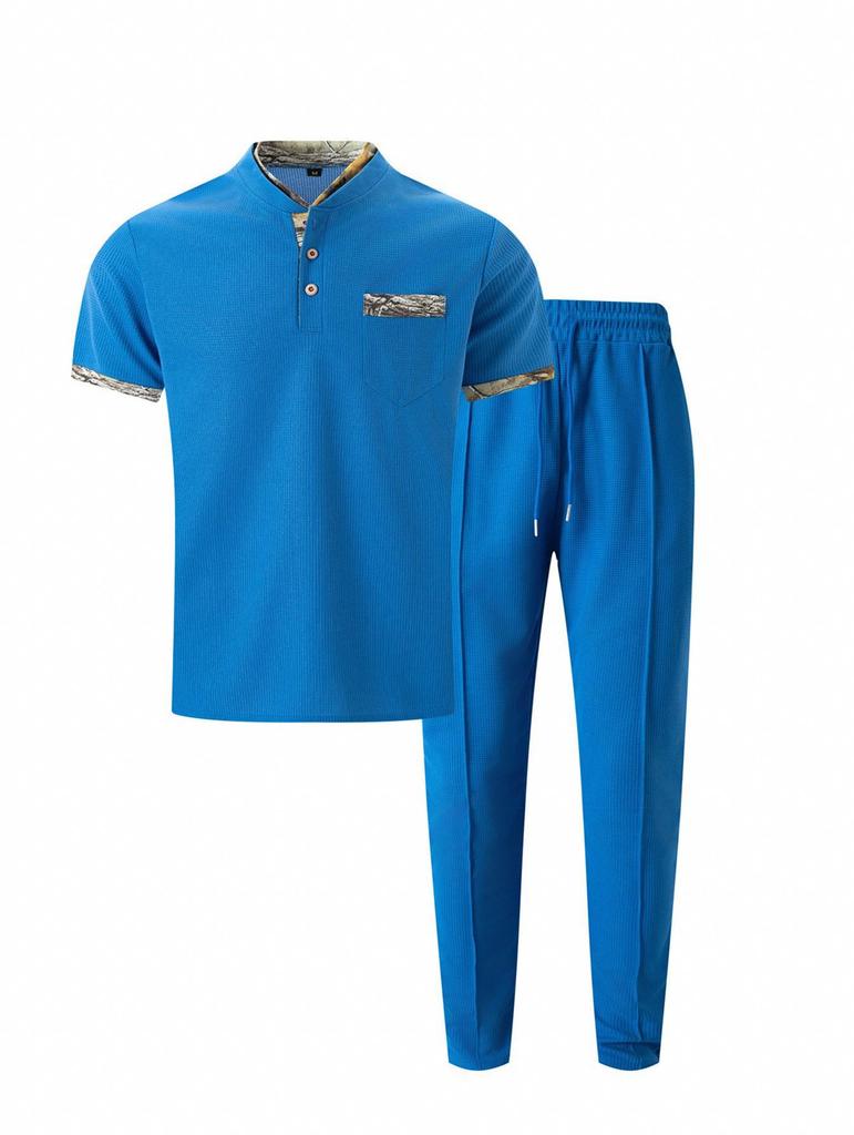 Men's Summer Waffle Stand Collar Two-Piece Set: Color Block Short Sleeve Shirt & Long Pants