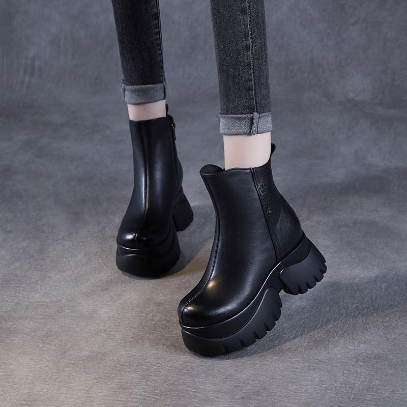 Johnature Round Toe Thick Soled Short Boots Genuine Leather High Heels Vintage Women's Platform Boots