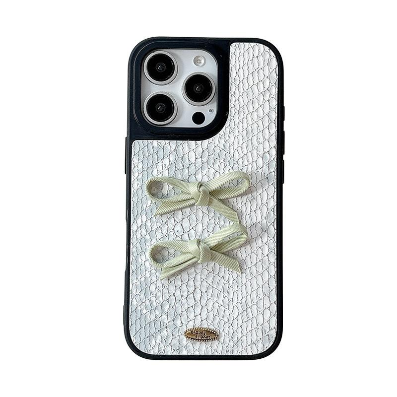 Solid Color Snakeskin Pattern Mobile Phone Case for IPhone17pro Three-dimensional Bow for Apple 16plus Simple and Light Luxury