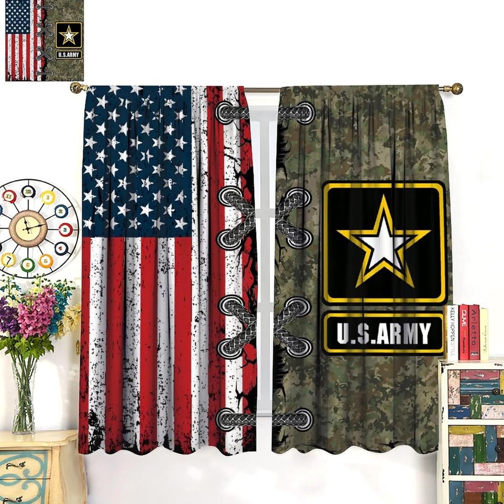 Farmhouse American Flag Curtains Boys Army Green Camo Vintage Stripe Us Print Window Kitchen Bedroom Curtain Polyester Ideal For Sleeping Area