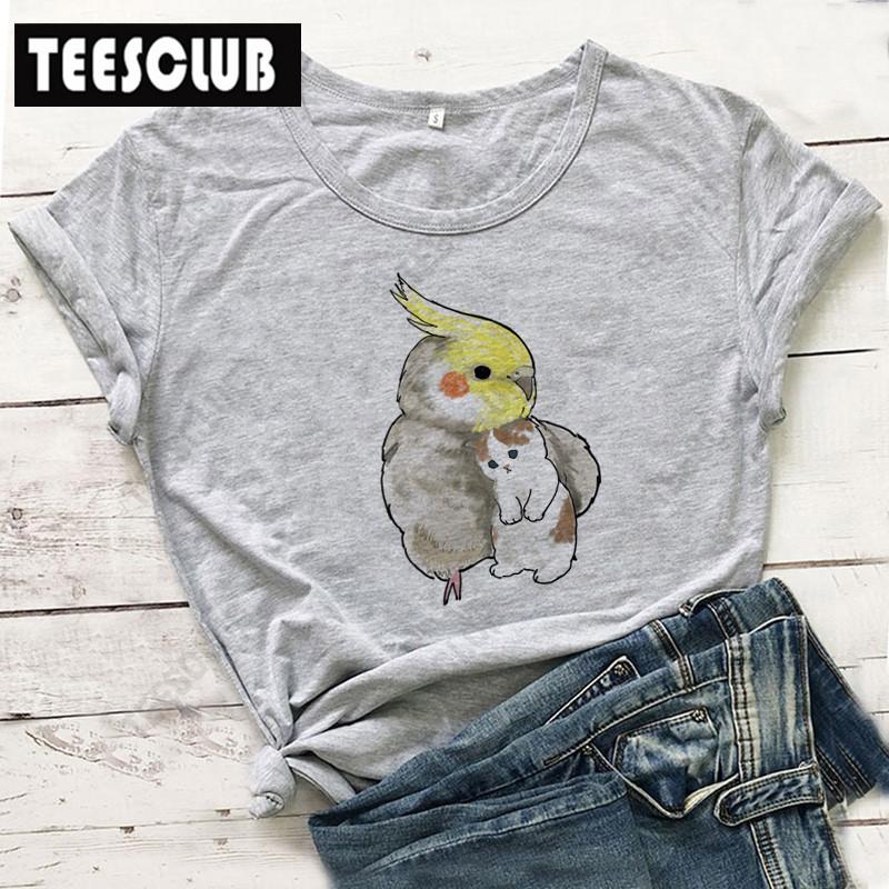 Women's Polyester 100% European-Style Cartoon Parrot Cat Print T-shirt Short Sleeve Harajuku Graphic Top Summer