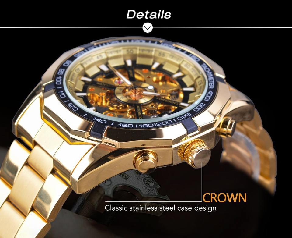 Forsining Hot Gold Men Automatic Mechanical Watches Luxury Skeleton Men's Gift Watch Stainless Steel Wristwatches Luminous