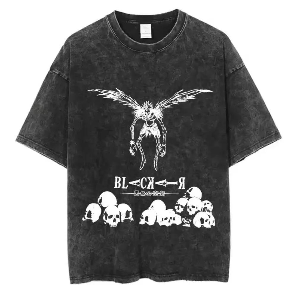Tricou Vintage Spălat Negru Misa Amane Death Note, Tricou Unisex cu Portret Icon Anime Streetwear, Top Larg Supradimensionat 100% Bumbac