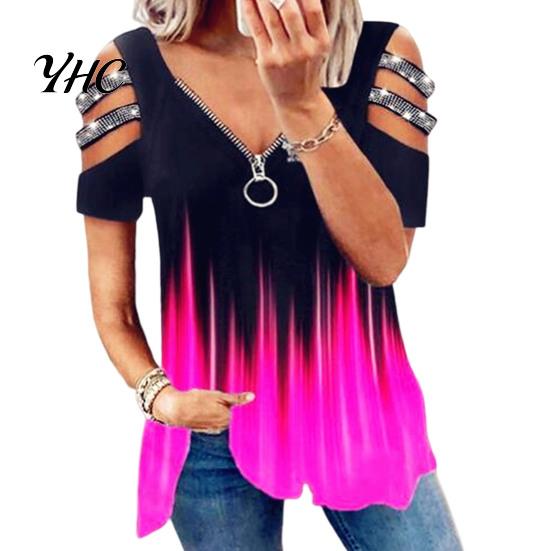 Top da Donna in Seta di Latte T-shirt Estiva Scollatura a V Maniche Corte con Traforo e Decorazioni di Strass Orlo Ampio Colore a Contrasto Degradé Taglia Grande