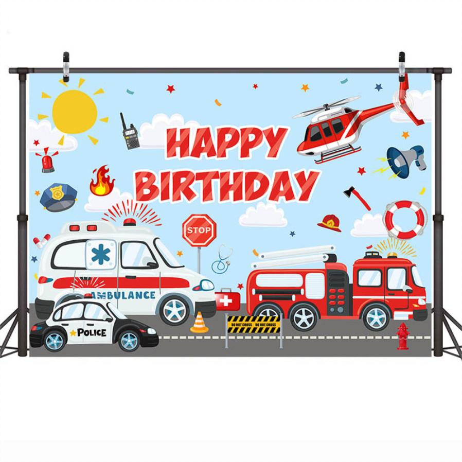 Fire Truck Background Cartoon Helicopter Emergency Rescue Backdrop Boy Firefighter Fire Truck Kids Birthday Decor