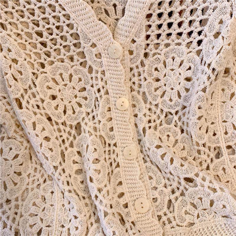 Women's French V-Neck Crochet Knit Cardigan - Chic Summer Fashion, Slimming Loose Fit, Versatile Top