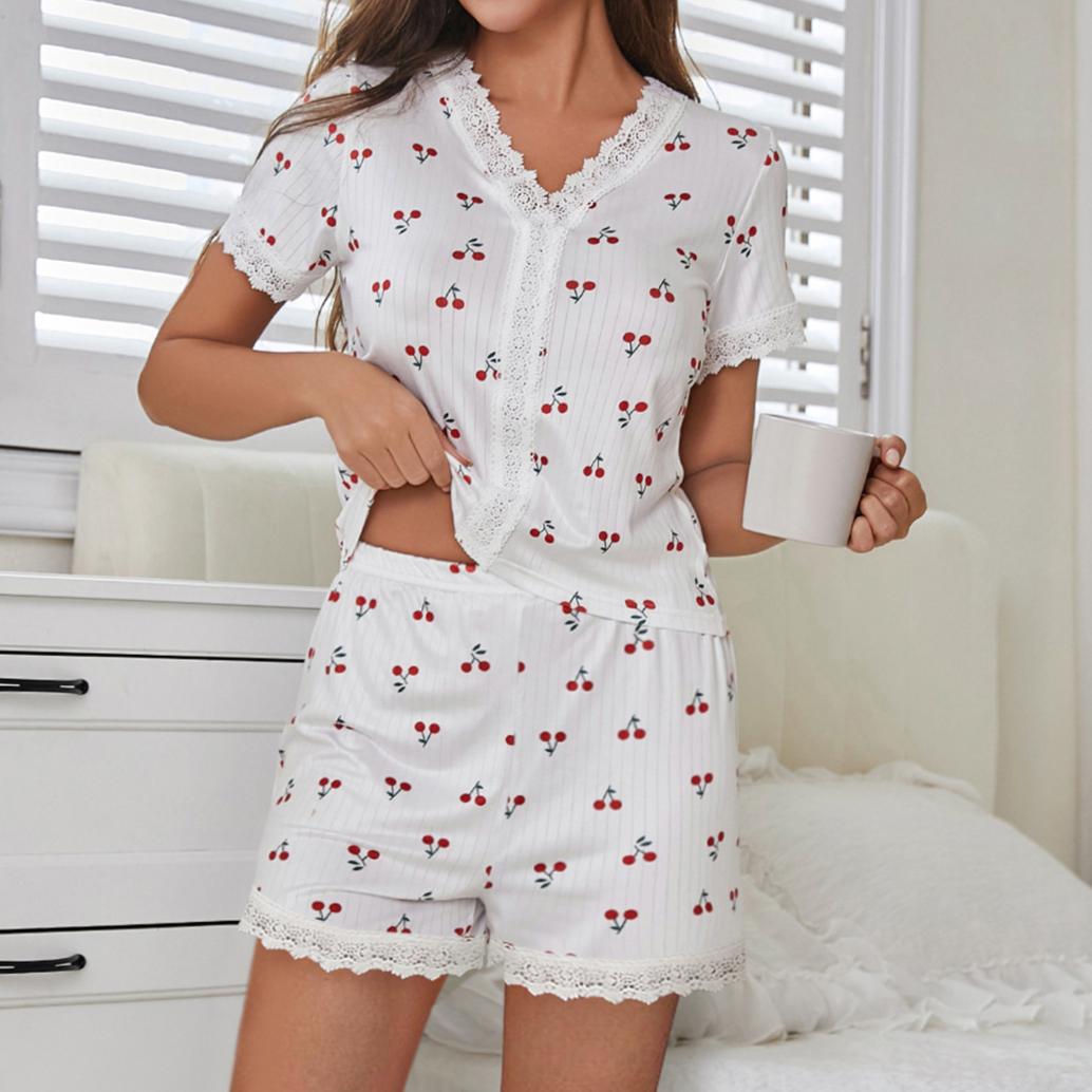 

2026 Summer Cherry Print Women Pajama Set Lace Trim Short Sleeve Front Button Top & Shorts 2 Pieces Suit Sleepwear Nightwear Homewear S