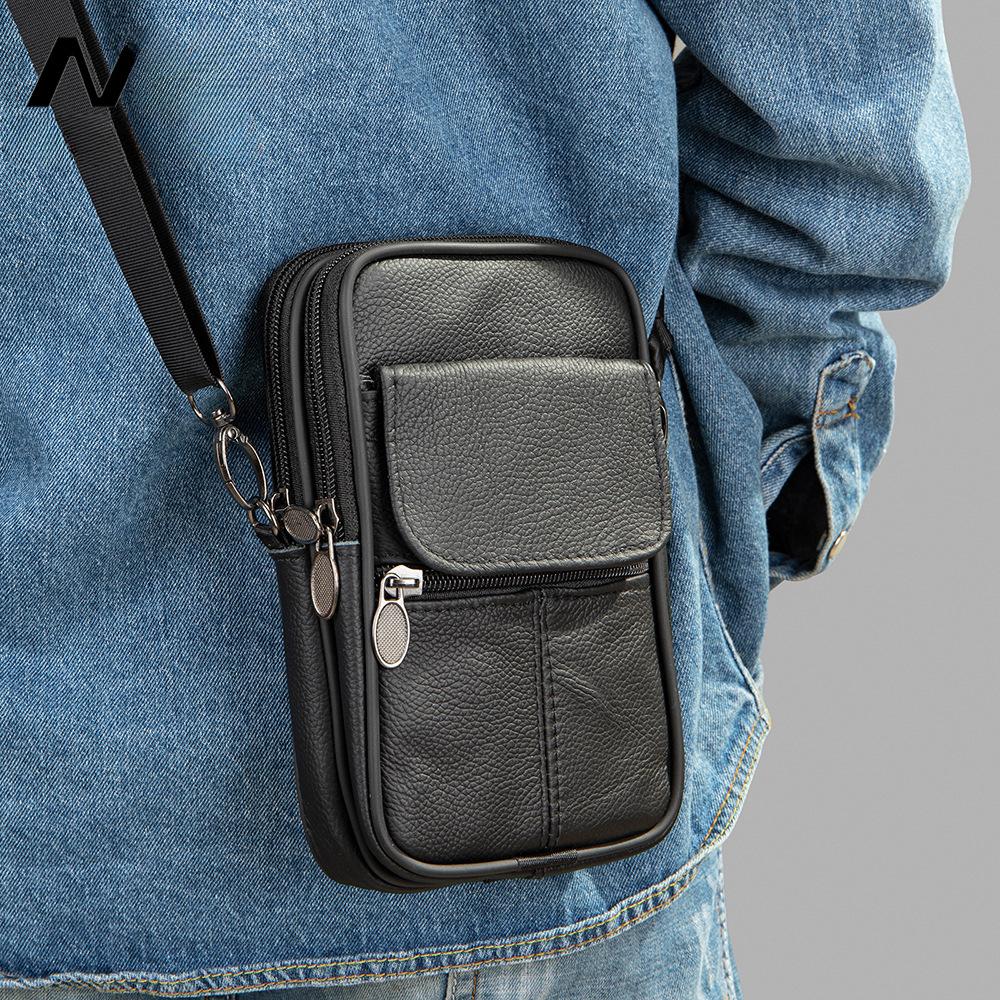 Genuine Leather Men's Crossbody Bag Casual Shoulder Bag Vertical Cowhide Mobile Phone Bag
