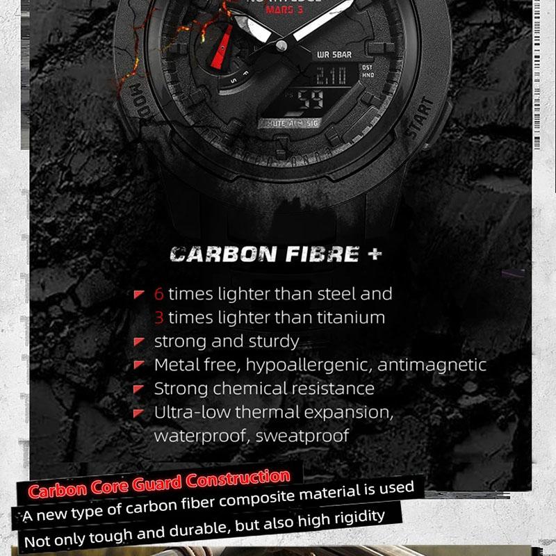 NORTH EDGE Mars 3 Men's Military Watch Digital Carbon Fiber Case For Man Waterproof 50M Sports Watches World Time LED Wristwatch