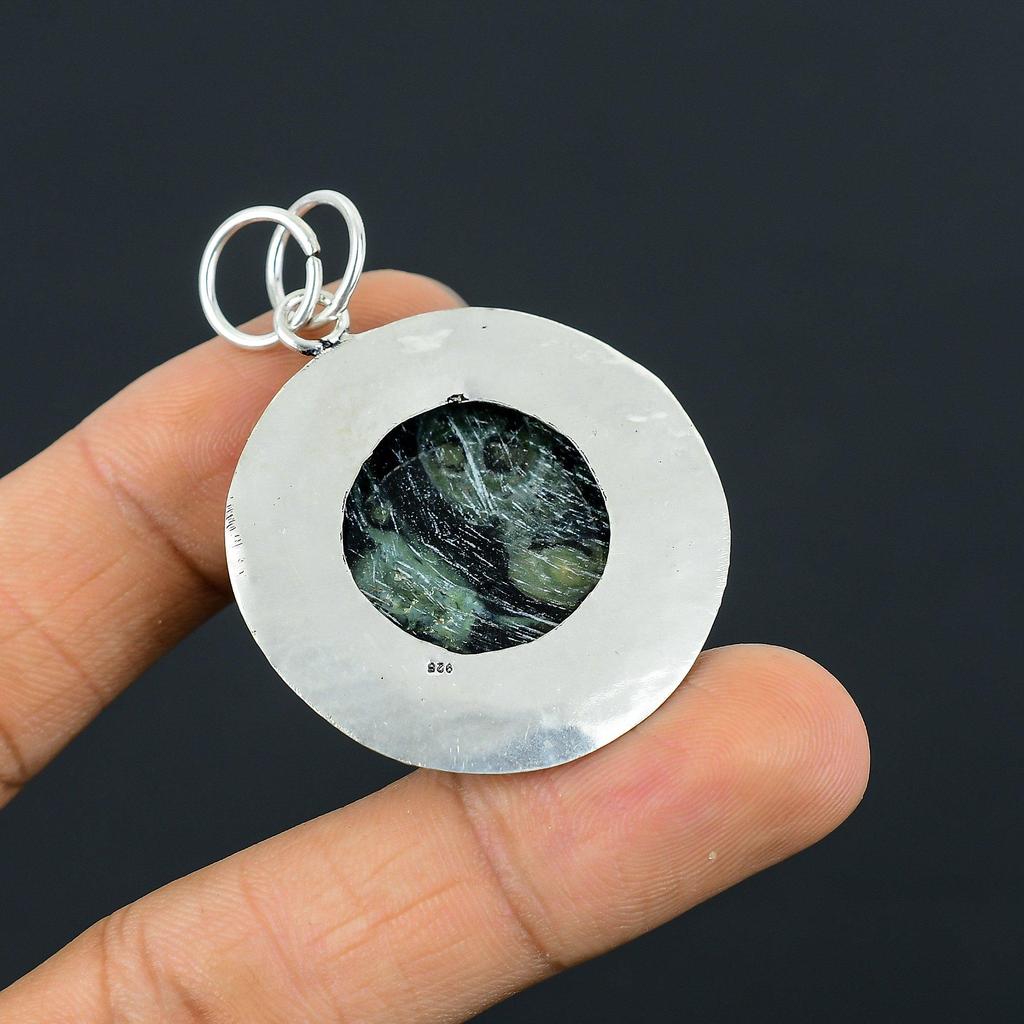 Round Kambaba Jasper Gemstone Wife Bezel Art Deco Pendant 925 Sterling Silver