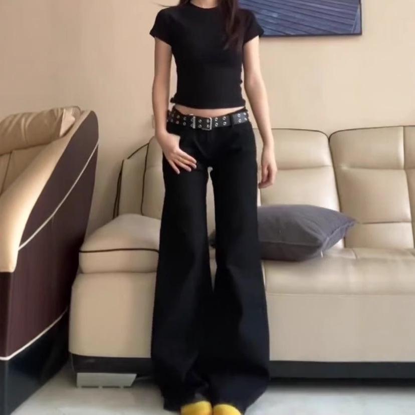 Women's Plus Size Black Wash Micro Flare Wide-Leg Jeans - Low Waist, Loose Draping, Floor-Length for Spring/Summer