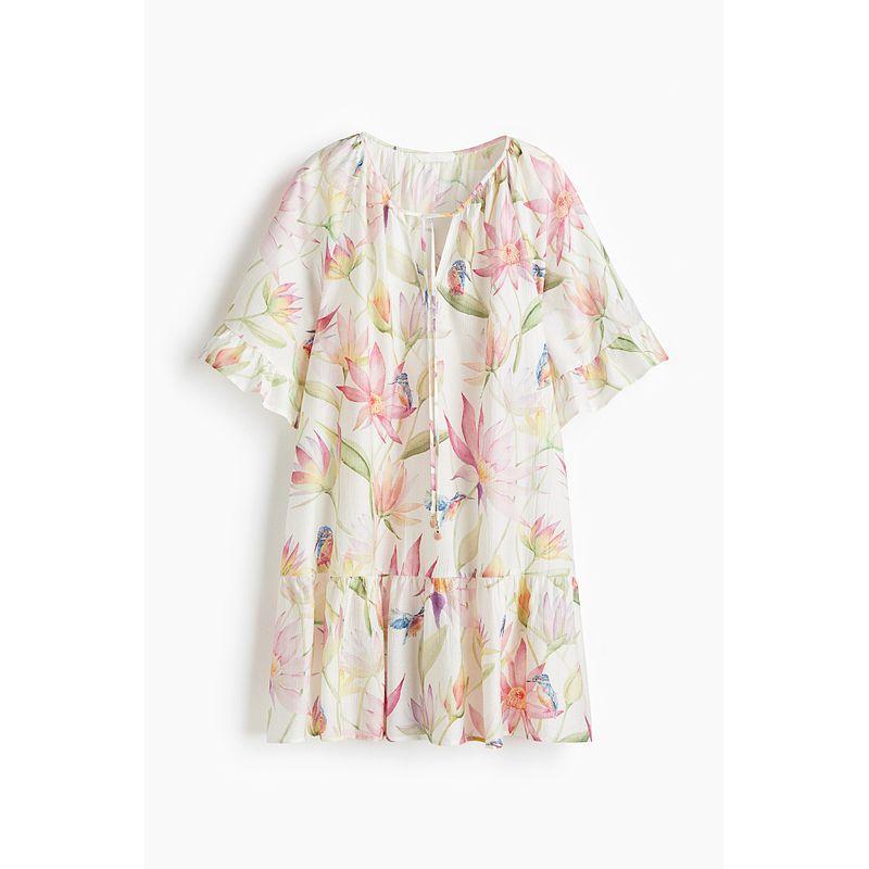 

HM Women s A- line Style Dress 2025 Summer New Arrival Shoelace Design Shirt Dress Style Dress 1275763 Cream/Florals 170/104