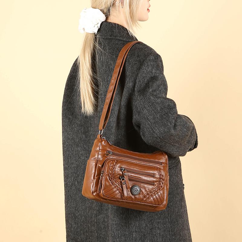 Large Capacity Shoulder Bag Soft Leather Multi-Layer Crossbody Bag for Middle-Aged and Elderly Women's Bag