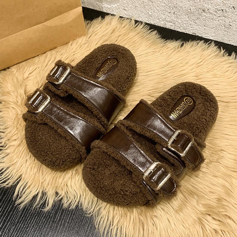 

Platform-soled Boken shoes 2025 autumn and winter new Korean version of one-word fluffy slippers women wear flat-soled Boken velvet cotton shoes 40 темно-коричневого