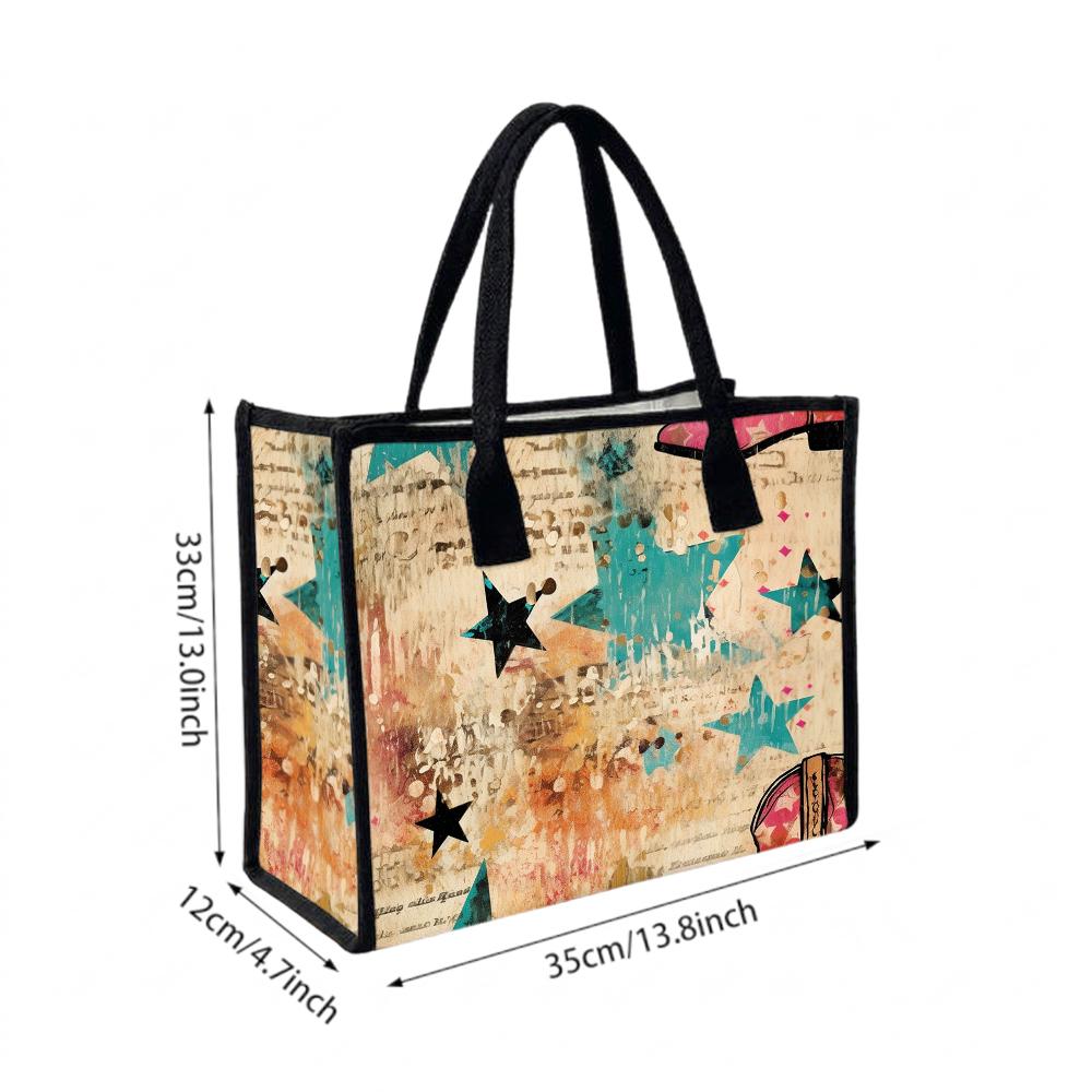 Retro Star Printed Tote Bag Large Capacity Casual Daily Shoulder Handbag for Women Outdoor Commuting