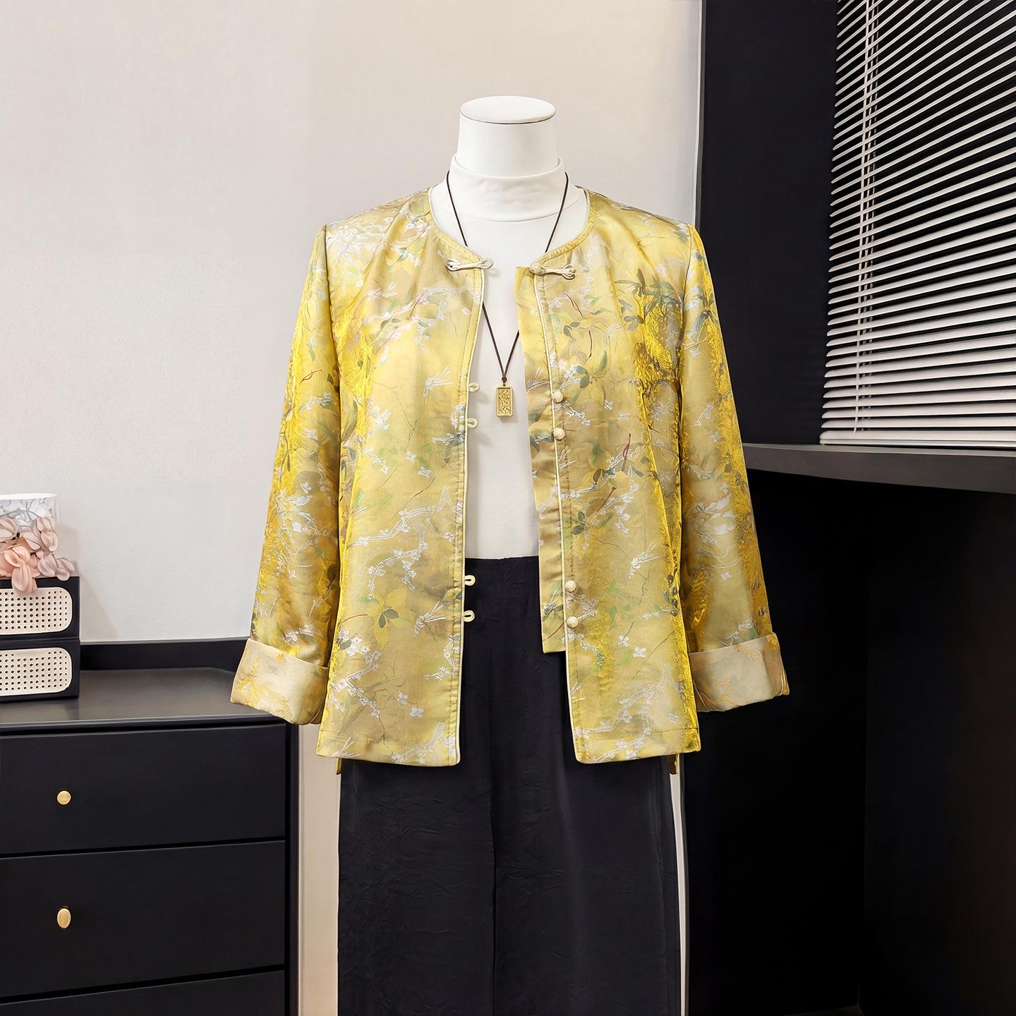

2026 Spring Yellow Jacquard Short Jacket with Frog Button for Women L (90~105 jin)