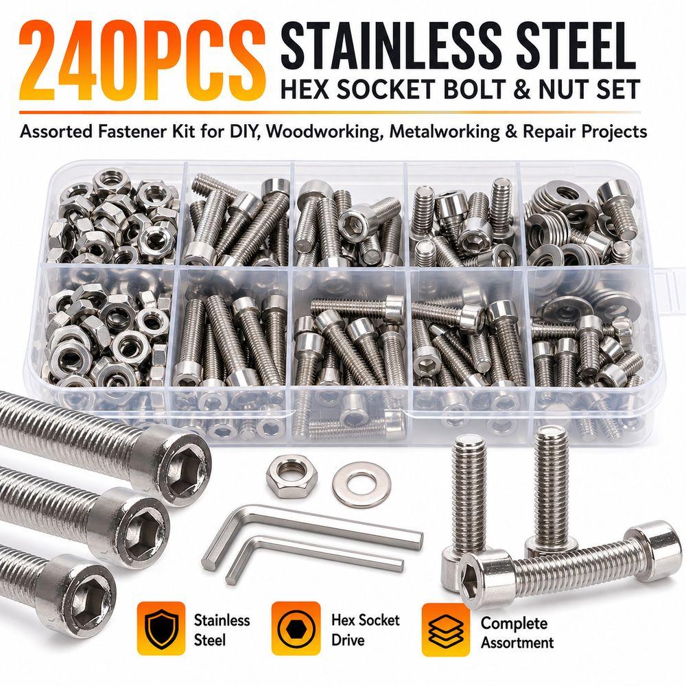 240pcs Stainless Steel Nut And Bolt Set Corrosion Resistant Hex Socket Screw Set  Woodworking