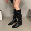 Thick heel pleated long tube knight boots women's shoes 2025 new spring and autumn western thin medium tube long boots
