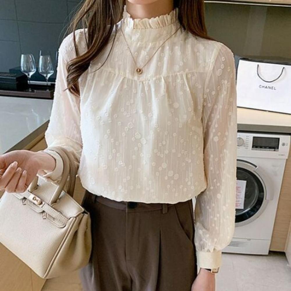 Navava Women Romantic Mock Neck Frill Puff Long Sleeve Blouse Nb3078