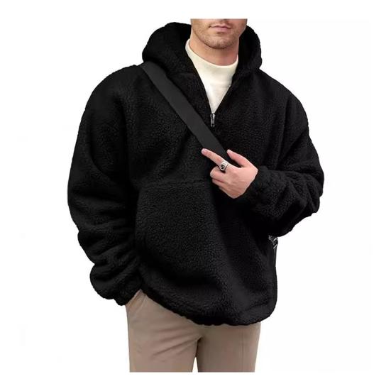 

Winter Men Hoodie with Big Frotn Pocket Double-sided Flannel Half-zipper Collar Loose 2XL чорний
