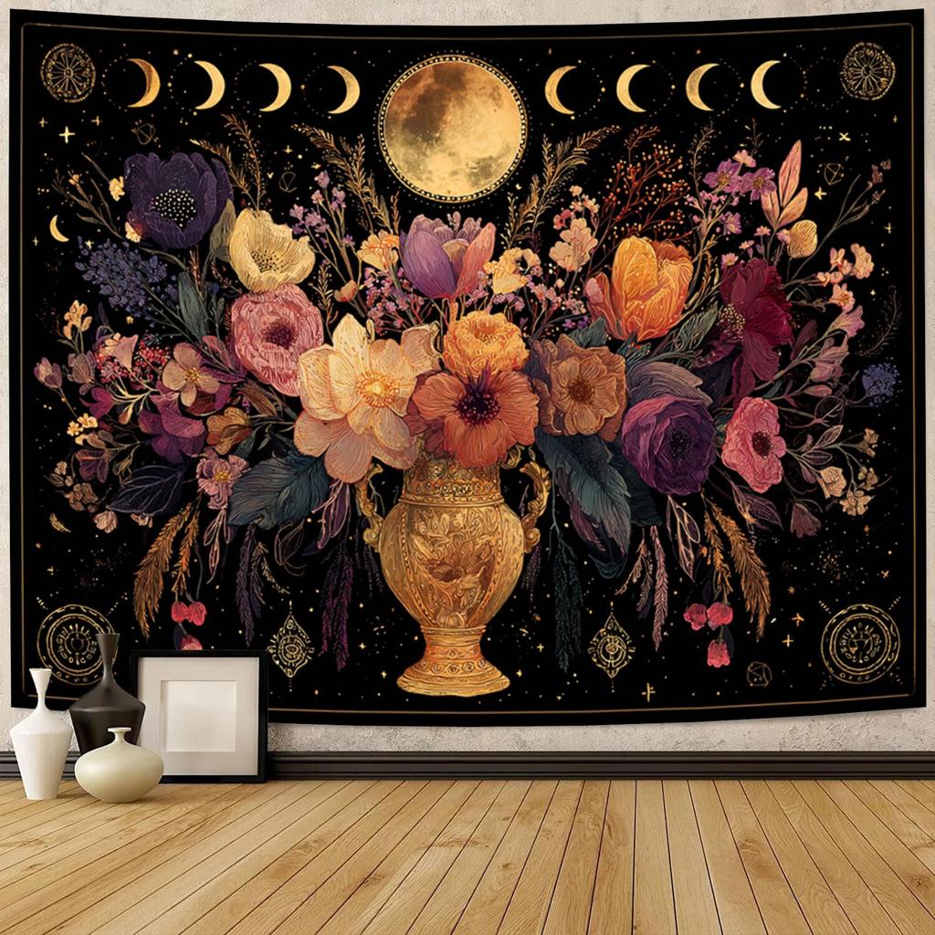 Bohemian Celestial Vase with Stars & Moon Tapestry Wall Hanging - Horizontal Wall Decor Suitable for Living Room, Bedroom,, Party Backdrop - Soft Dura