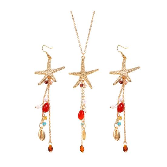 Bohemian Sea Star Shell Jewelry Set Beach-Inspired Necklace Earrings with Rhinestone Tassels Elegant Gift for Women Summer Beach Jewelry