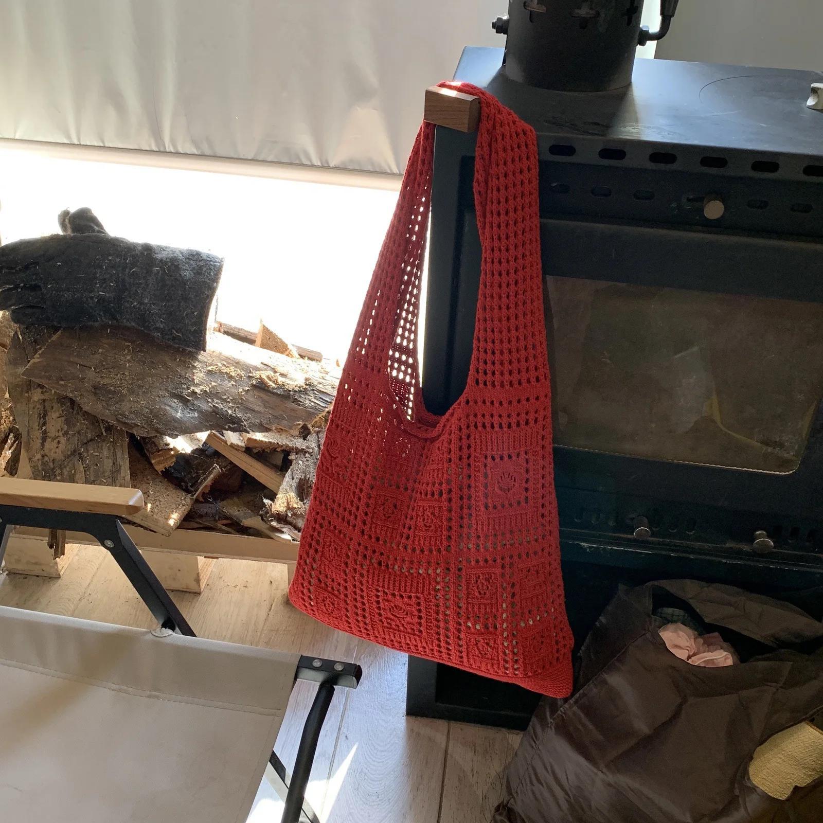 

Вязаная наплечная сумка для женского досуга, для поездок на работу, ажурная, большой вместимости, плетеная сумка