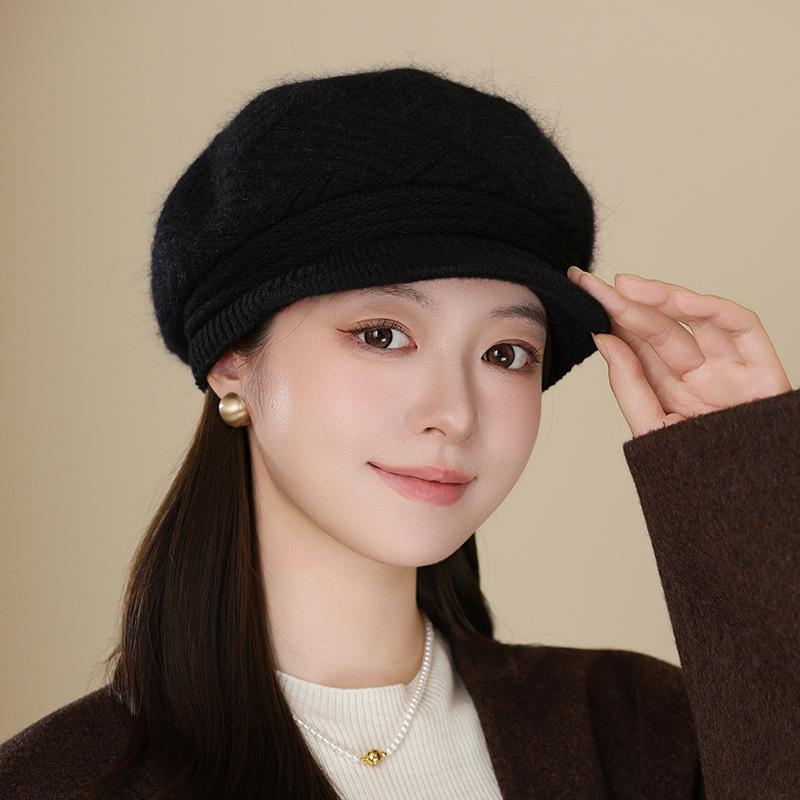 Hat Women's Autumn and Winter Wool Hat Fashion Rabbit Hair Beret Fleece Thickened Knitted Cap