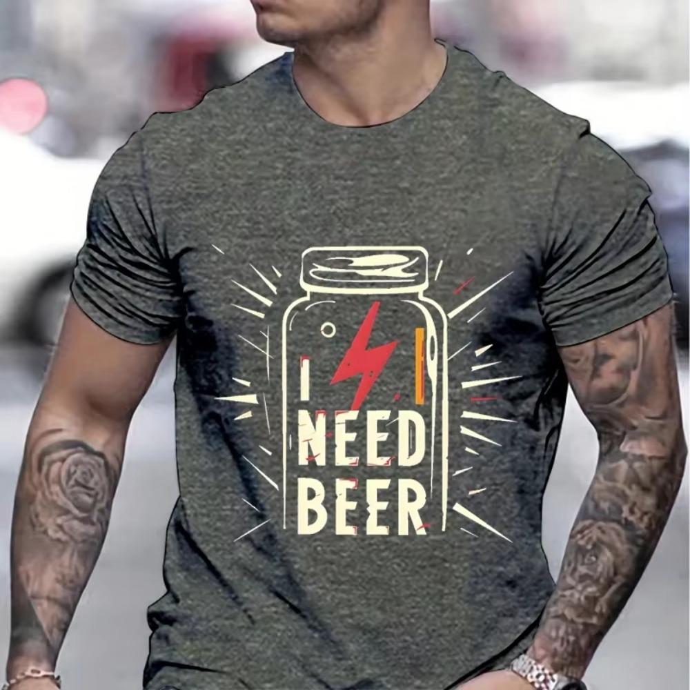 Battery I Need Beer Print Fashion Men T-shirts Celebration Graphic Design Funny Beer Shirt Men Battery Beer Lover Gifts Tshirt