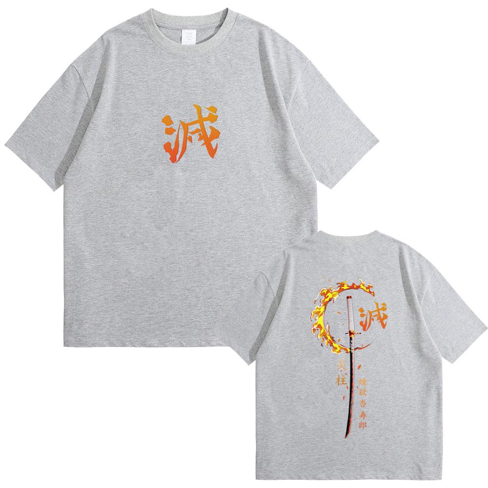 Anime Demon Slayer Rengoku Kyoujurou T Shirts Men Women Clothing Cotton Crewneck T-shirt Male Fashion Vintage Tshirt Streetwear