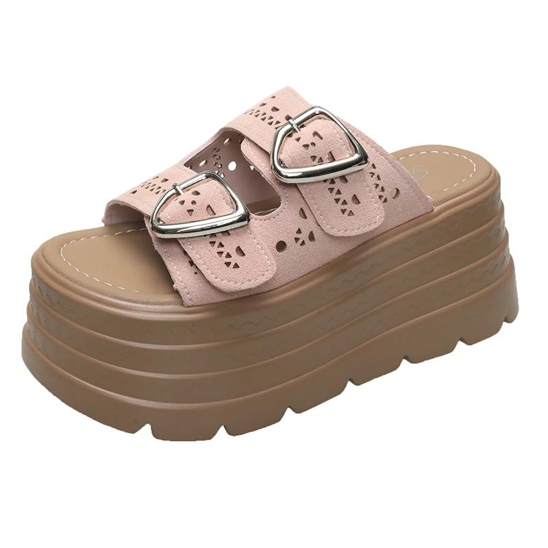 Fashion 8CM Trendy Streetlish Buckles Slippers for Women Nubuck Leather 2025 Summer Platform Shoes Ladies Comfort Fashion Slipper Woman