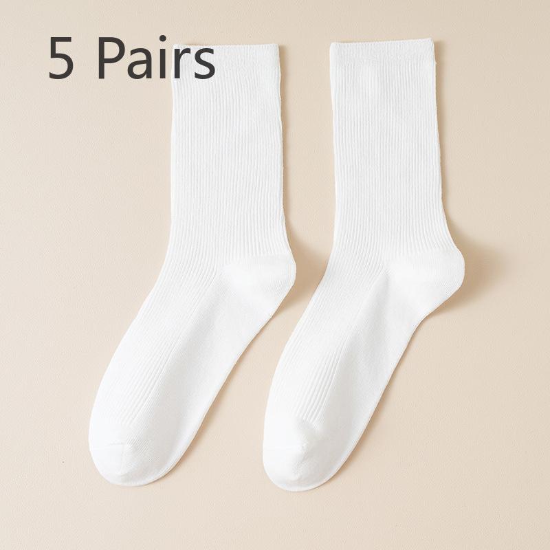 5 Pairs Boneless White Socks Women's Mid-calf Socks Autumn and Winter Cotton Tide Grey Double Needle Anti-pilling Long Stacked Socks
