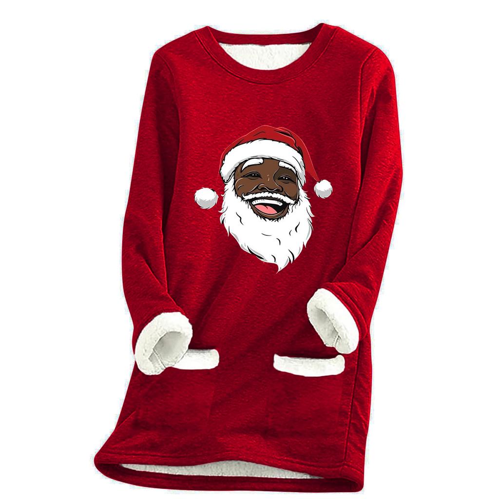 Ladies' Loose And Comfortable Round Neck Christmas Print Thick With Pockets Long Sleeved Top