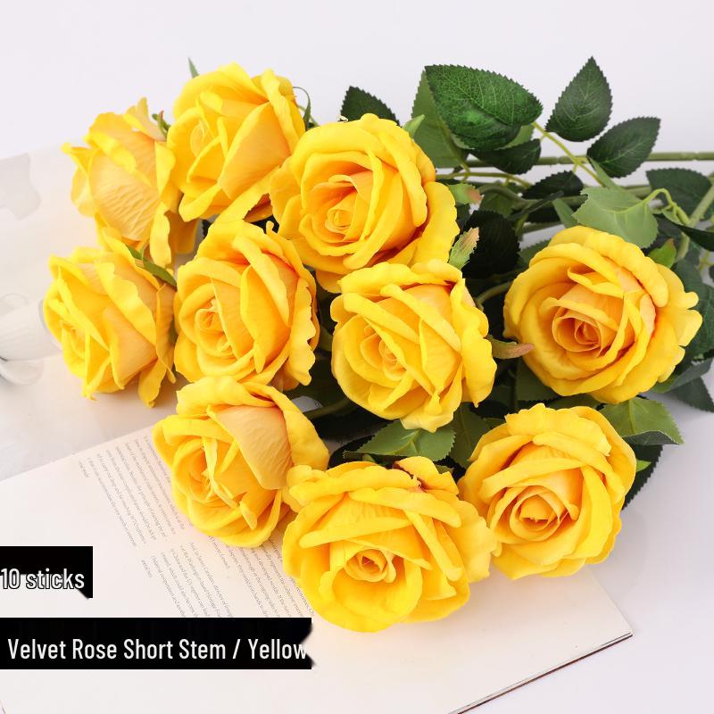 Red Velvet Rose Artificial Flowers - 10 Long Stems for Living Room or TV Cabinet Decor