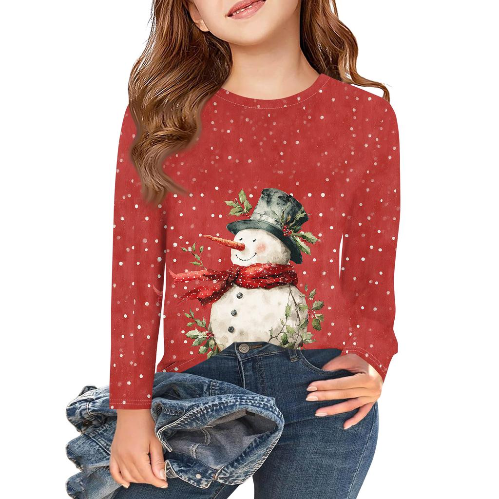 Weihnachtstag Mädchen Langarm T-Shirts Kinder Herbst Oberteile Rundhalsausschnitt Bedruckte Basic T-Shirts