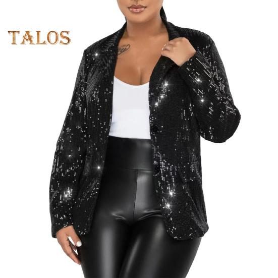 

Женский пиджак с лацканами, длинный рукав, однобортный пиджак с карманами-клапанами, блестящие пайетки, свободная верхняя одежда XL чёрный