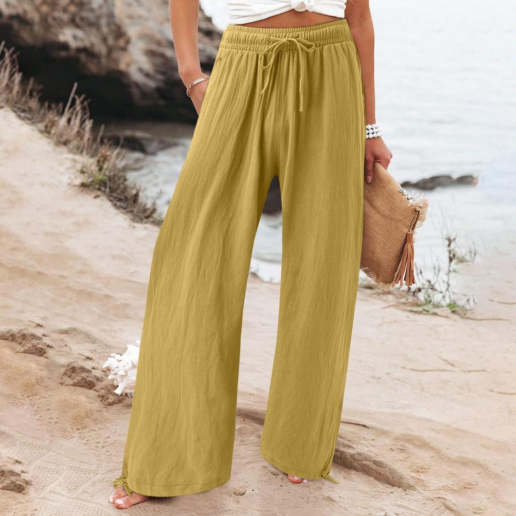 (S~5XL) Women’s Solid Ruched Wide-leg Straight Pants Tie Elastic High Waist Long Pant Summer Casual Loose Breathable Lightweight Soft Comfy Plus Pants