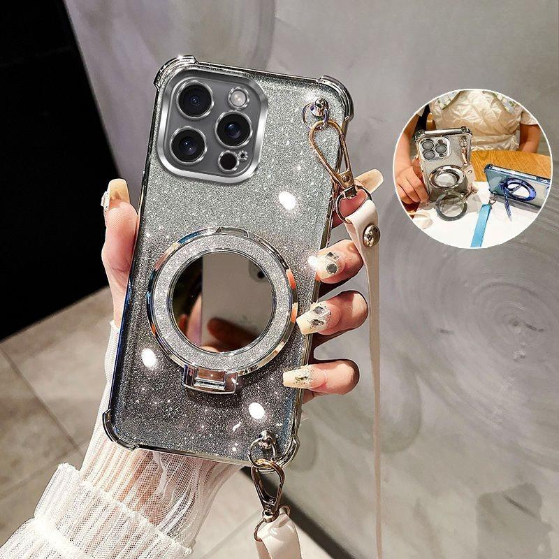 

Ударопрочный чехол-держатель Magsafe с блестящим гальваническим покрытием и зеркалом на шнурке через плечо для iPhone 16E 16 15 14 Plus 13 12 11 Pro XS Max XR X For iPhone 16E 2025 серебряный