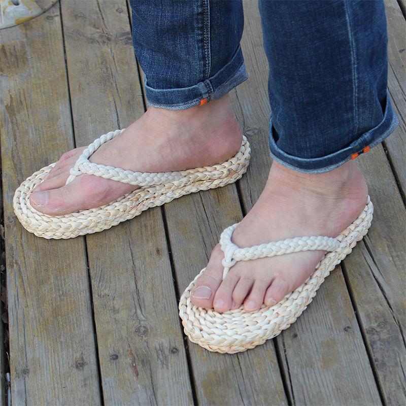 Vintage Straw Woven Shoes for Men Women Light, Breathable, Pure Hand Woven Flip-Flops Men Size 35-44 Slides Casual Beach Shoes