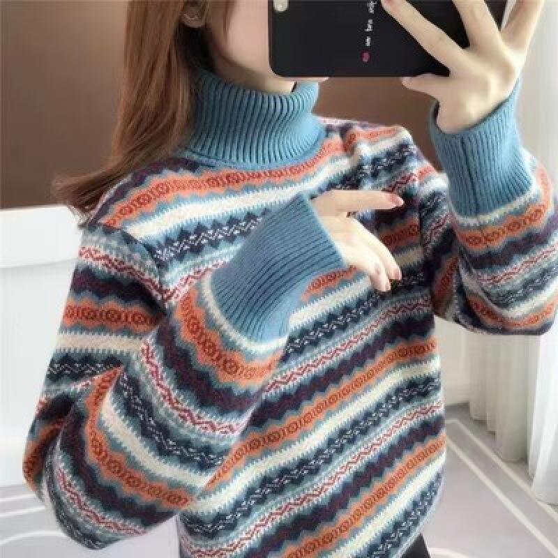 Autumn and winter retro jacquard striped turtleneck sweater women's fashion foreign style contrasting colors loose bottoming knitted sweater