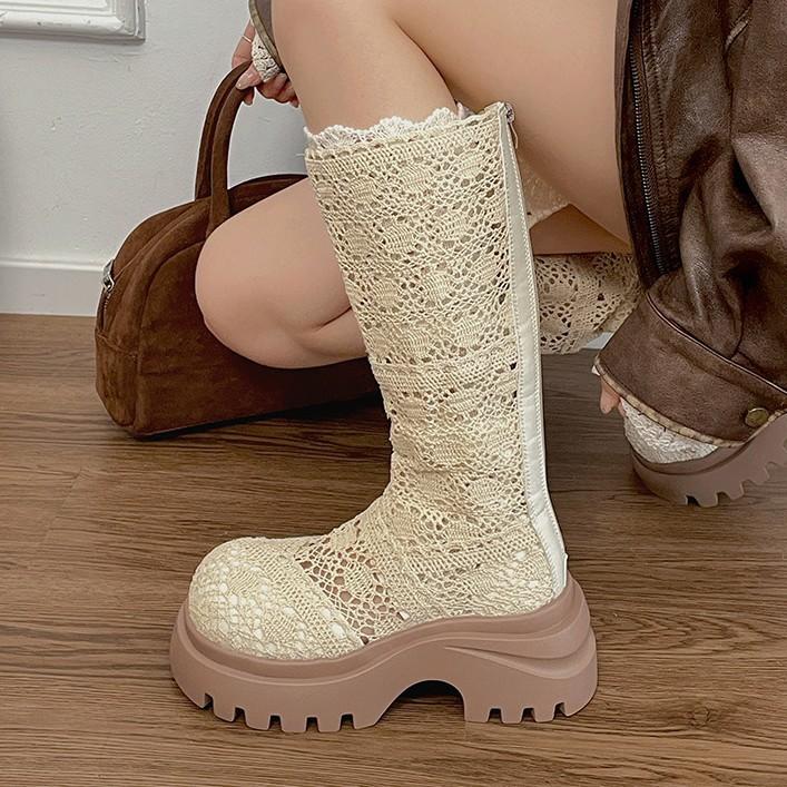 White retro small thick-soled heightening knight boots women's 2025 new autumn versatile soft-soled hollow boots
