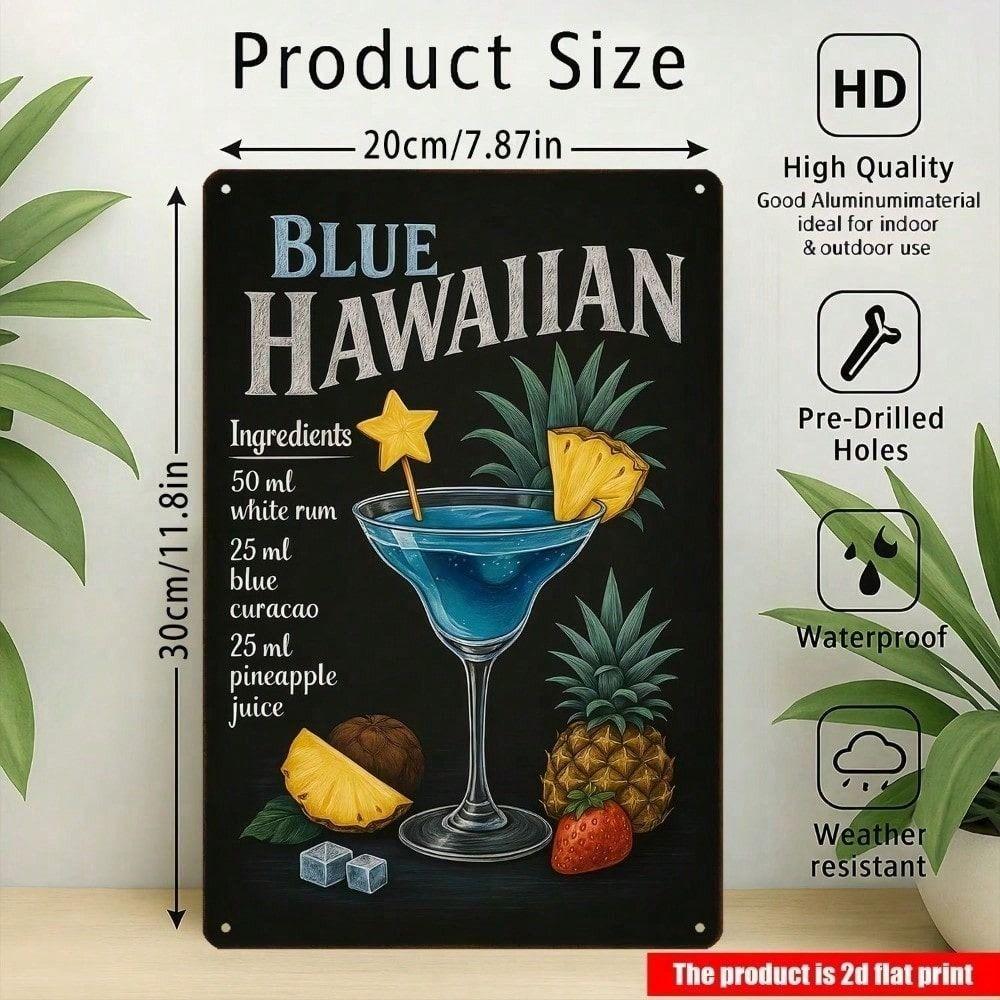 Metal Wall Art Blue Hawaiian Cocktail Retro Tropical Poster for Bar
