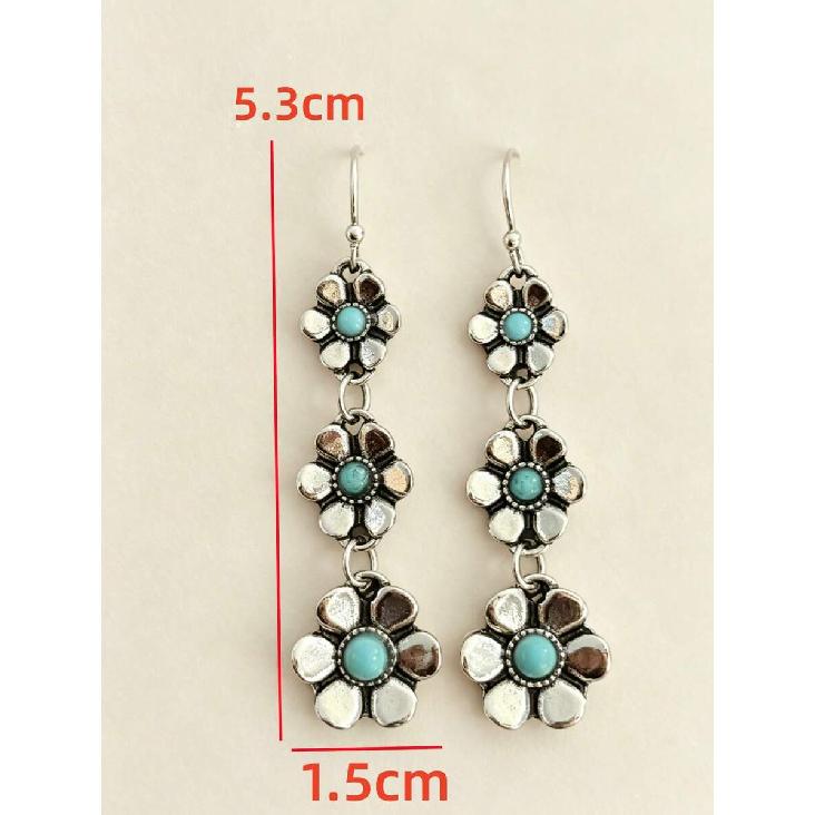 1 Pair Western Bohemian Style Three-Layer Flower Turquoise Inlaid Distressed Vintage Holiday Earrings