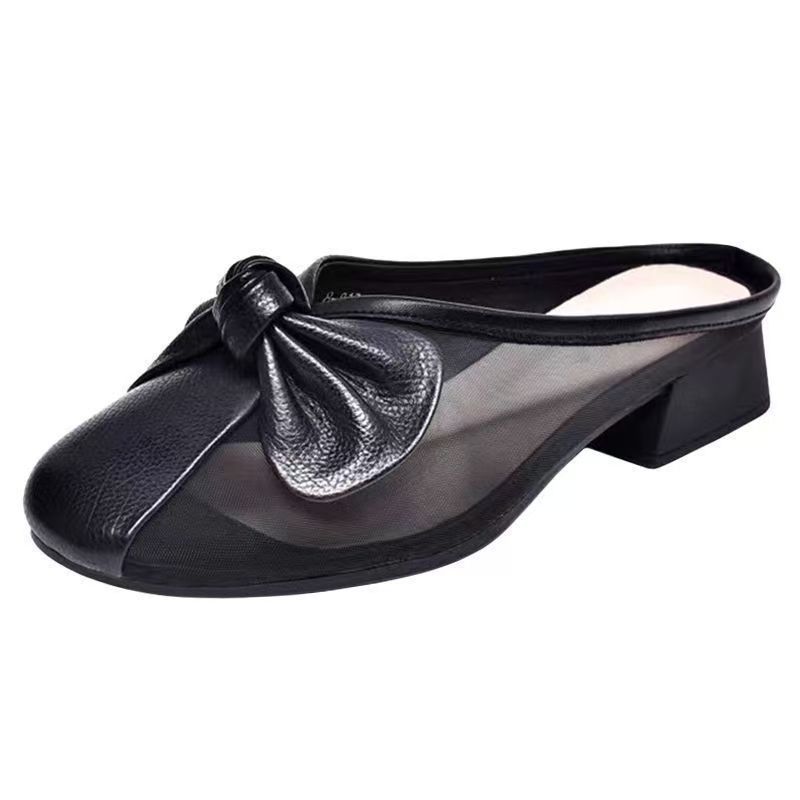 In the Summer of 2025, the New Bag Head Wears Half Slippers, Flat-bottomed Bows, Soft Leather Mesh Yarn, Thick Heels, Women's Shoes, Sandals, Women.