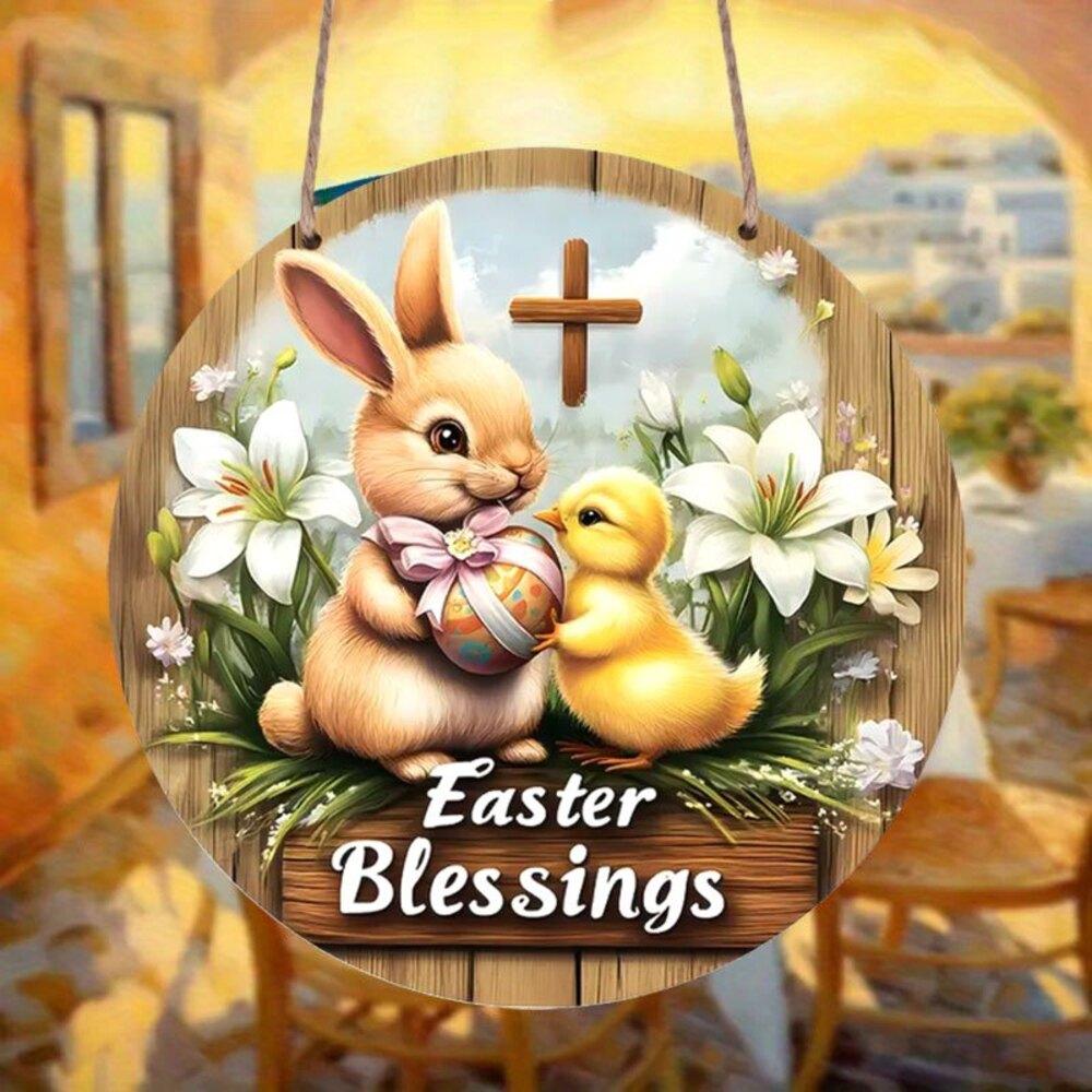 

1pc Easter blessing wooden signage -7.87 inch round rabbit and chicken wreath wall decoration, no electricity required, suitable